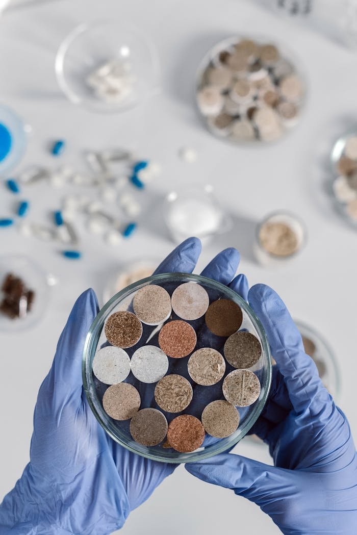 Close-up of gloved hands holding a petri dish with various soil samples for scientific analysis.