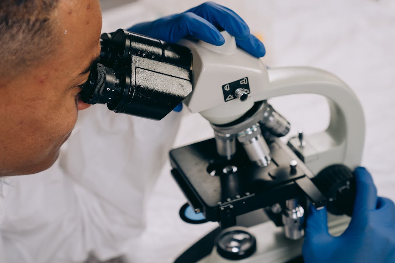 Black scientist examines samples using a microscope in the laboratory.